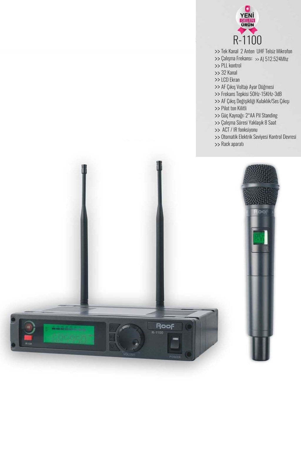 Roof R-1100E UHF Telsiz El Mikrofonu Tek Kanal Kablosuz Mikrofon 32 Kanal LCD Ekran