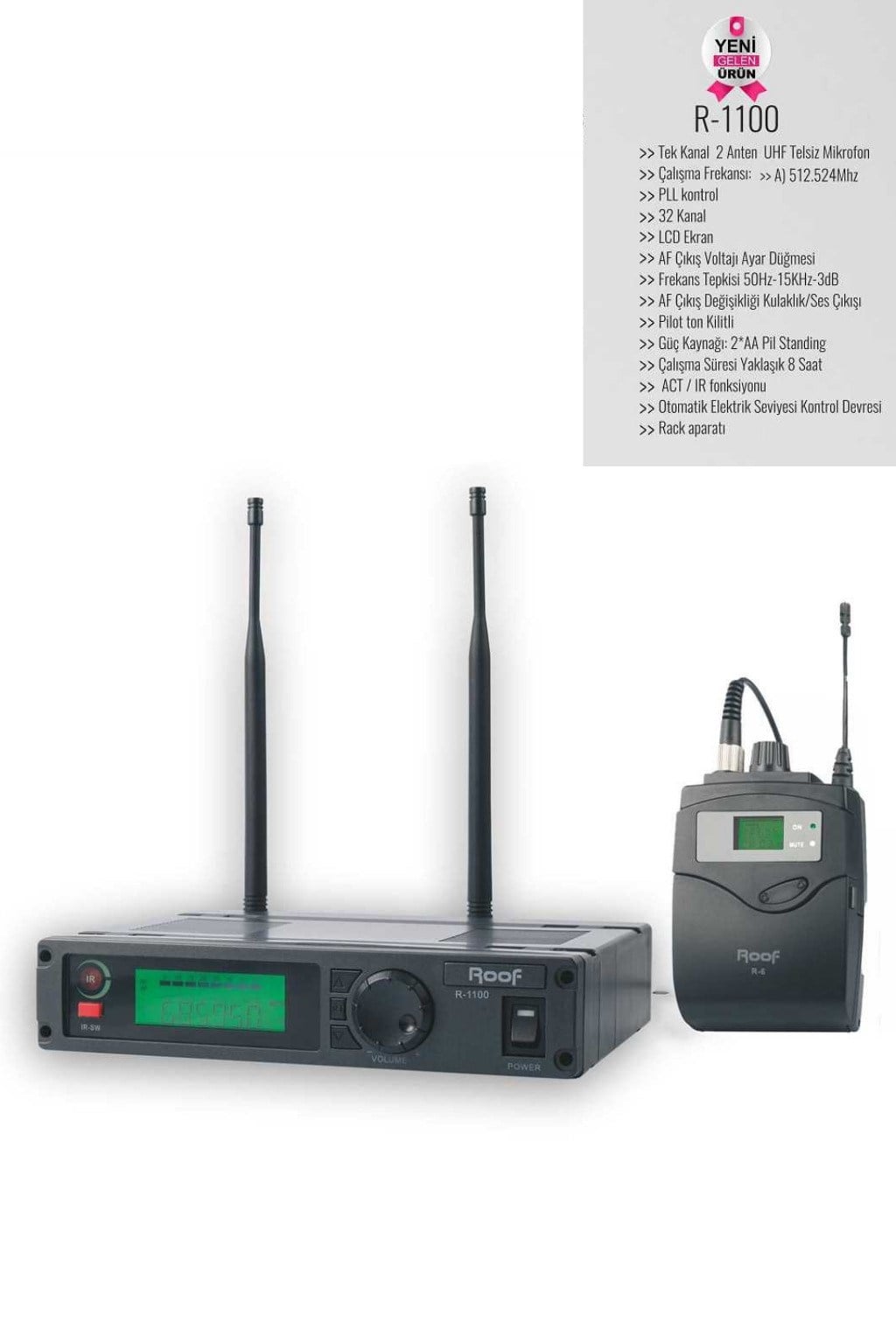 Roof R-1100Y UHF Telsiz Yaka Mikrofonu Tek Kanal Kablosuz Mikrofon 32 Kanal LCD Ekran