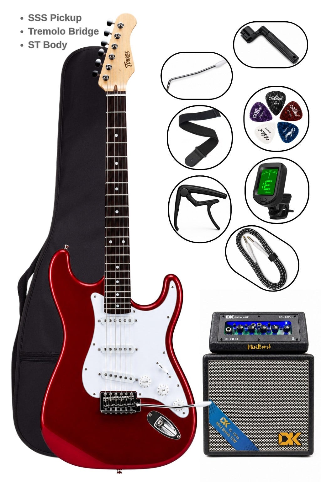 Torres ST-40RDP Elektro Gitar Seti Amfili Başlangıç Paketi Bluetoothlu 25W Profesyonel Full Set Kırmızı