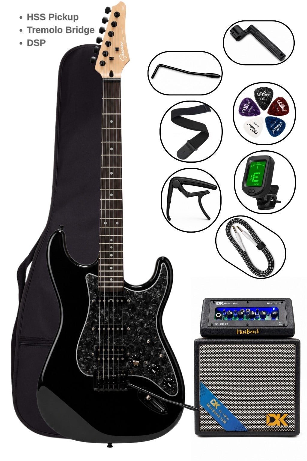 Torres STD-20BKP Elektro Gitar Seti DSP Efektli 25W Bluetooth Amfili Full Paket Siyah
