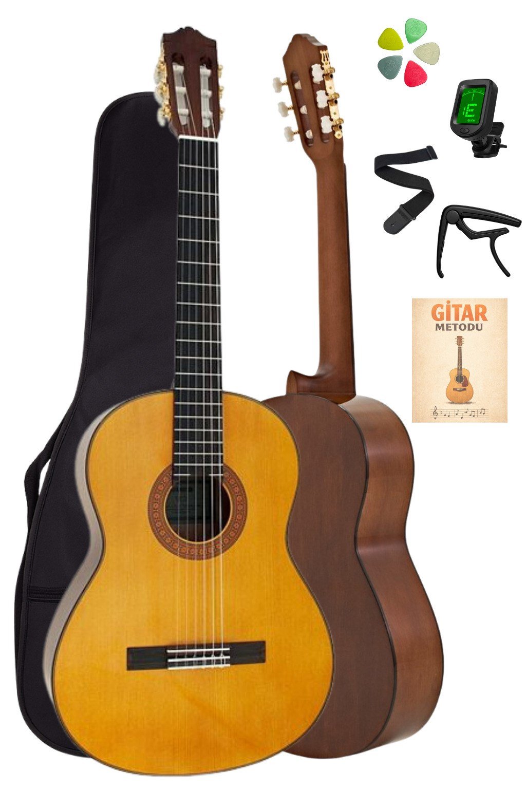 Yamaha C70 4/4 Klasik Gitar Seti Akort Cihazı Kapo Metot Askı ve Pena Dahil