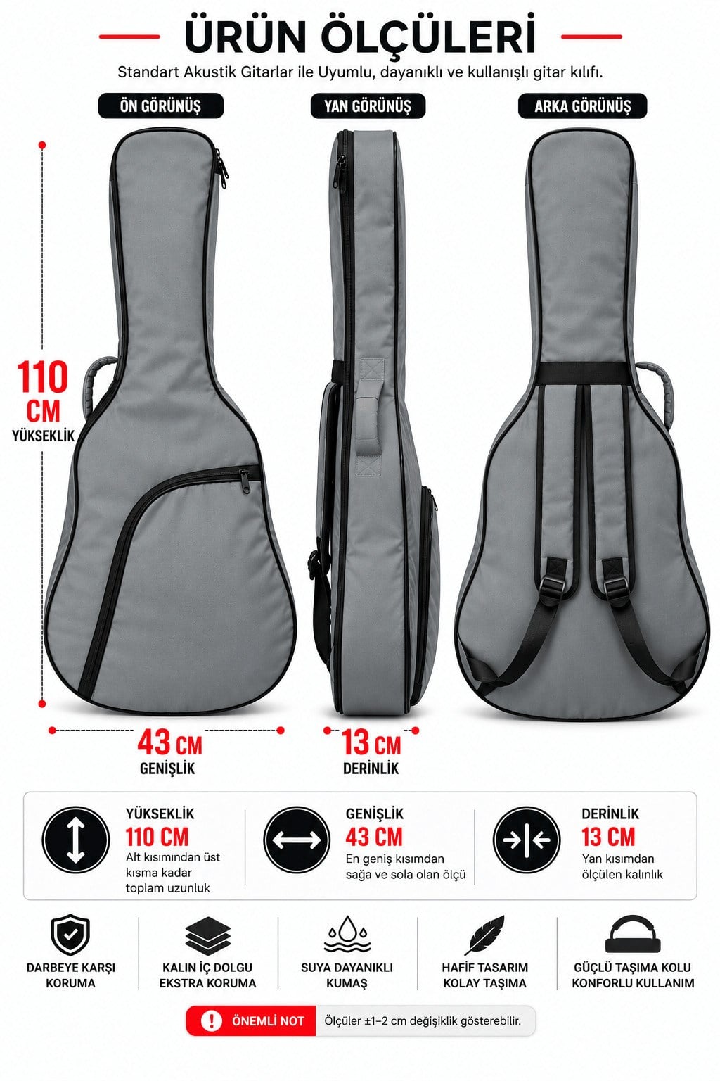Yankı AGC-42GR Gri Akustik Gitar Kılıfı Kalın Pedli Suya Dayanıklı Softcase