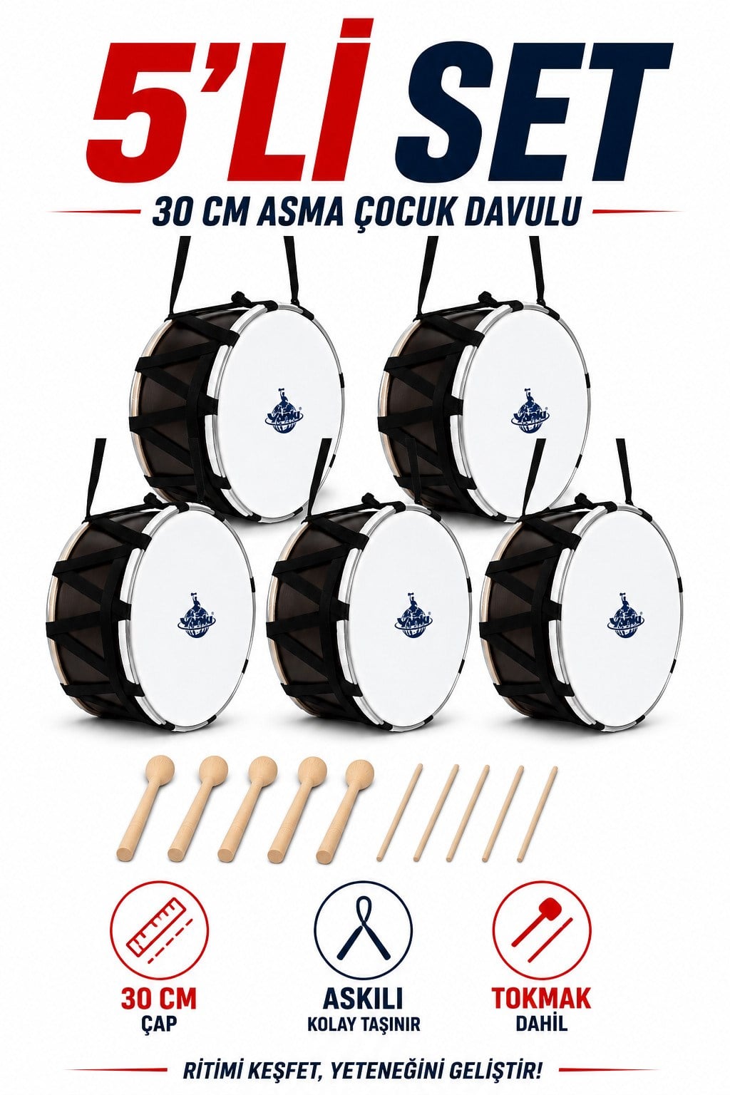 Yankı CD-30 Asma Çocuk Davul 5li Set - 30cm Davul Tokmak ve Çubuk Dahil