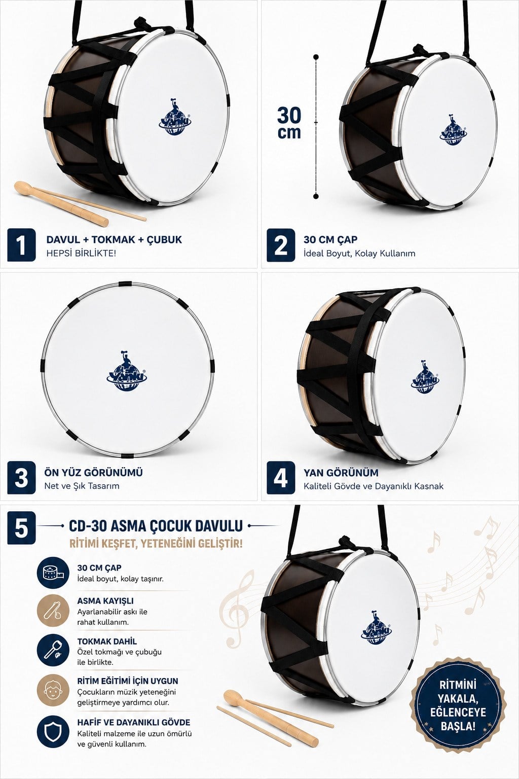 Yankı CD-30 Asma Çocuk Davulu 30 cm 10 lu Set Tokmak ve Baget Dahil Okul Etkinlik ve Ritim Davulu