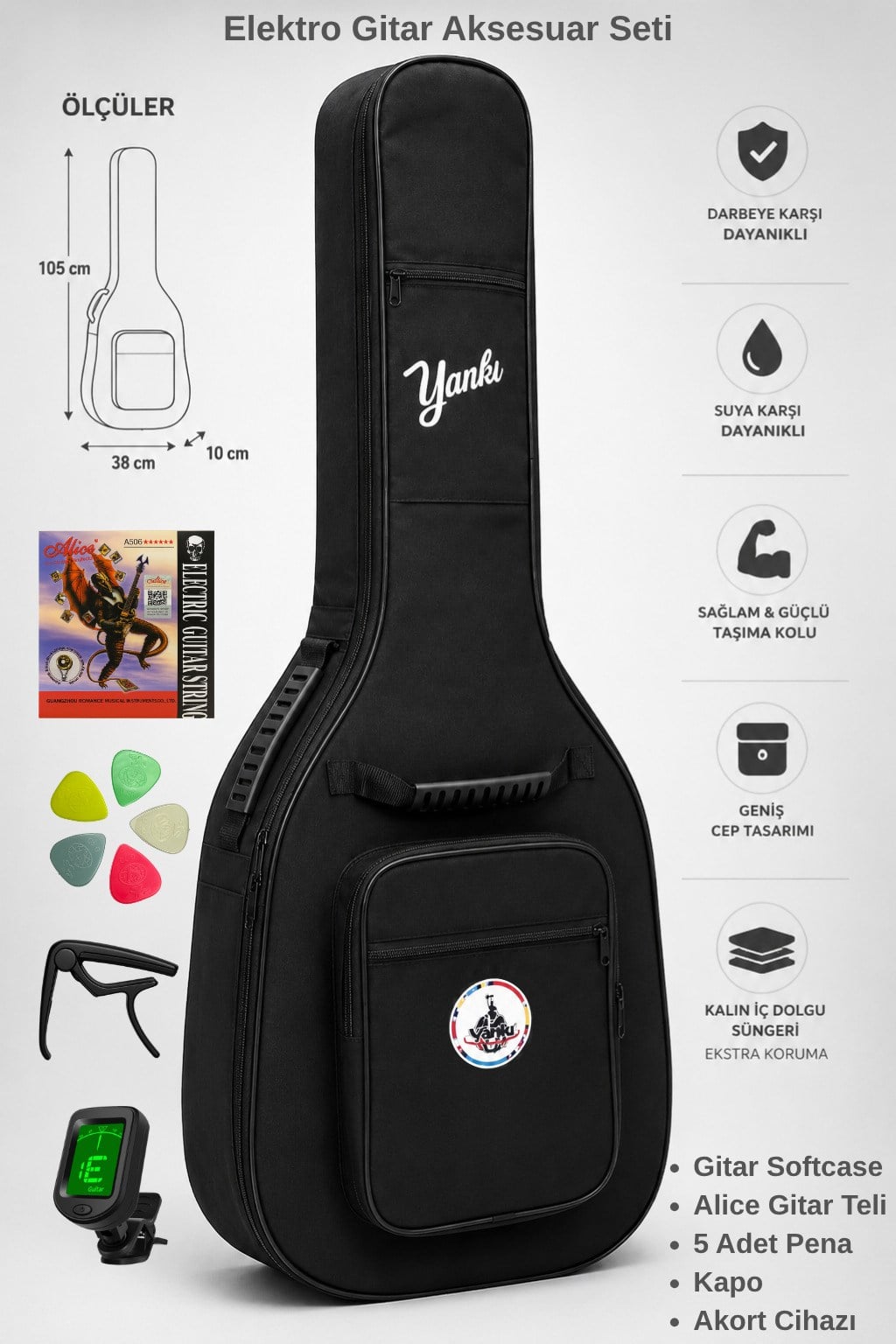 Yankı EGS-5 Elektro Gitar Kılıfı Softcase Seti Akort Cihazı Kapo Gitar Teli ve 5 Pena Hediyeli