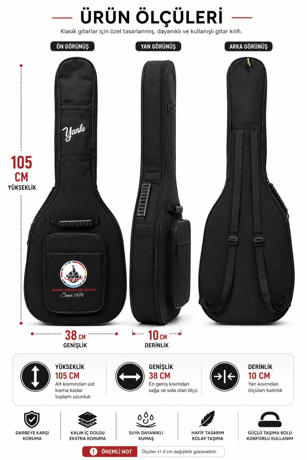Yankı KGC-38 Klasik Gitar Kılıfı 4/4 Tam Boy Dolgulu Suya Dayanıklı Gitar Çantası Softcase