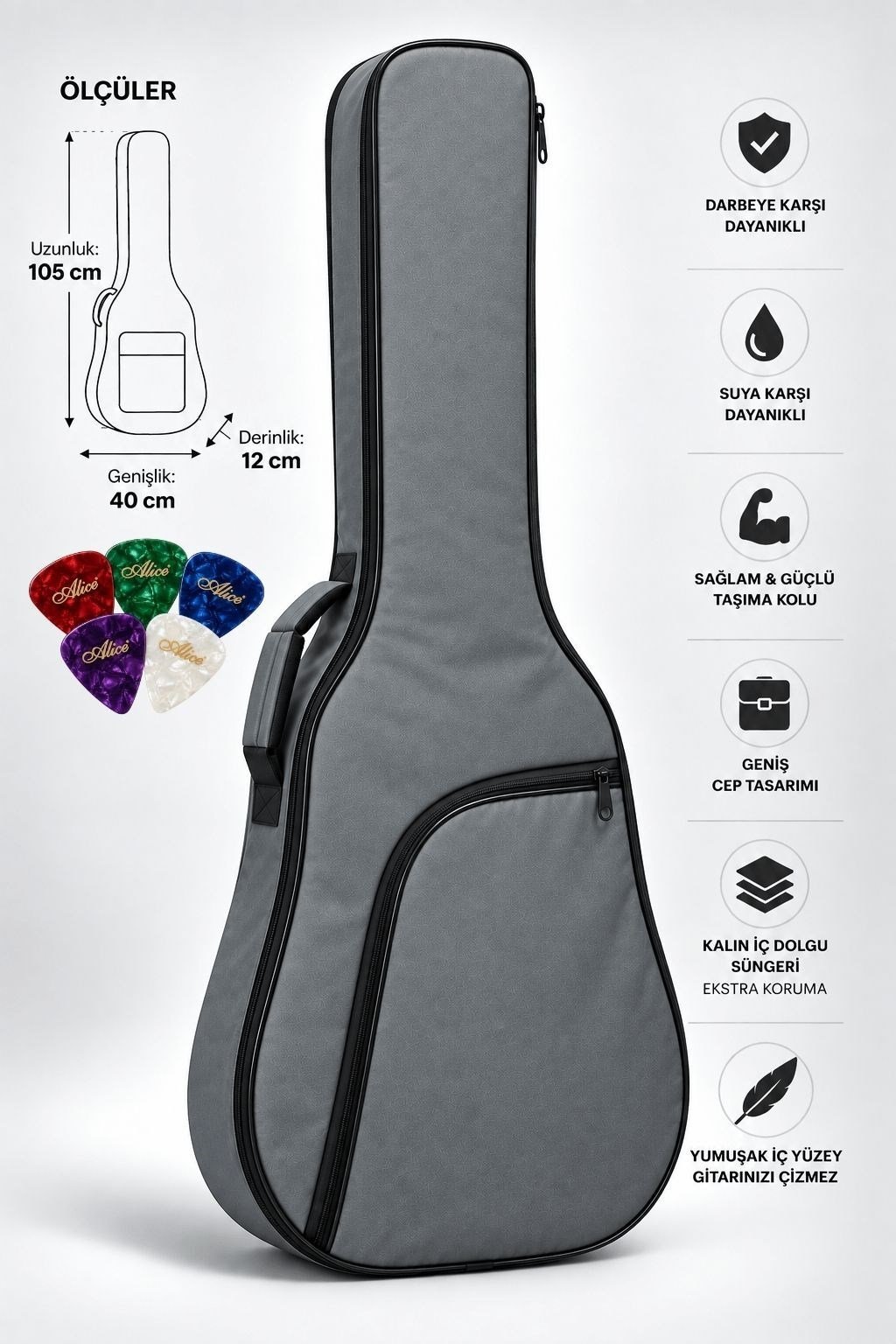 Yankı KGC-40GR Gri Klasik Gitar Kılıfı Kalın Pedli Suya Dayanıklı Softcase