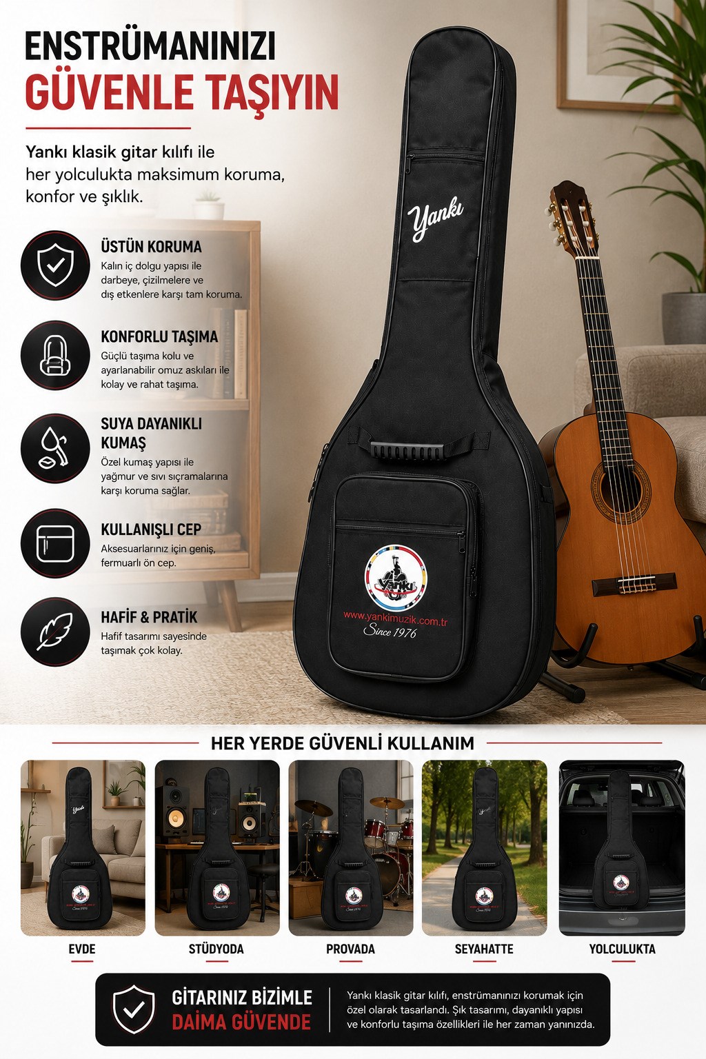 Yankı KGS-5 Klasik Gitar Kılıfı Softcase Seti Gitar Teli Akort Cihazı Kapo ve 5 Pena Hediyeli