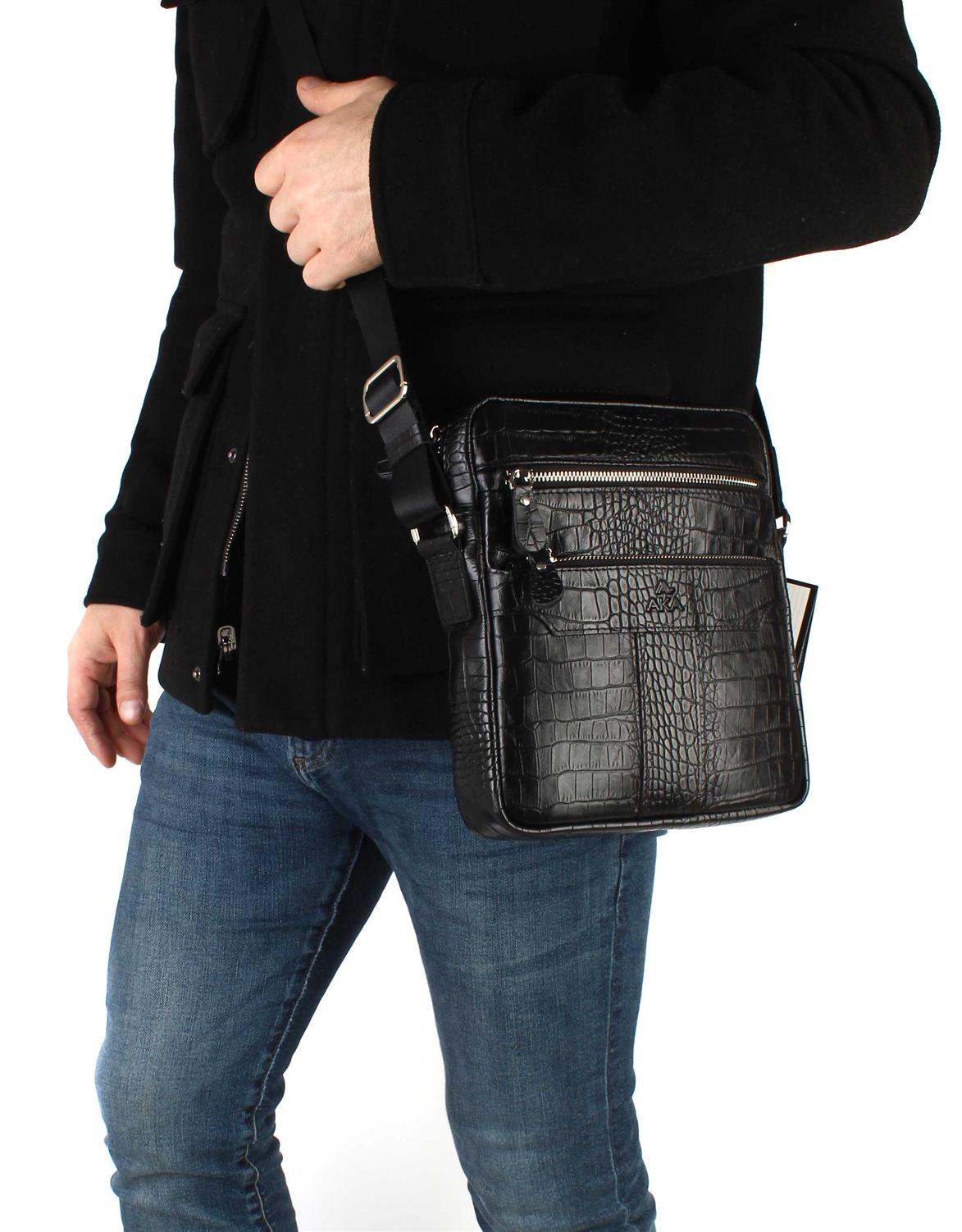 Aka Deri Timsah Siyah Omuzdan Askılı Çanta 393