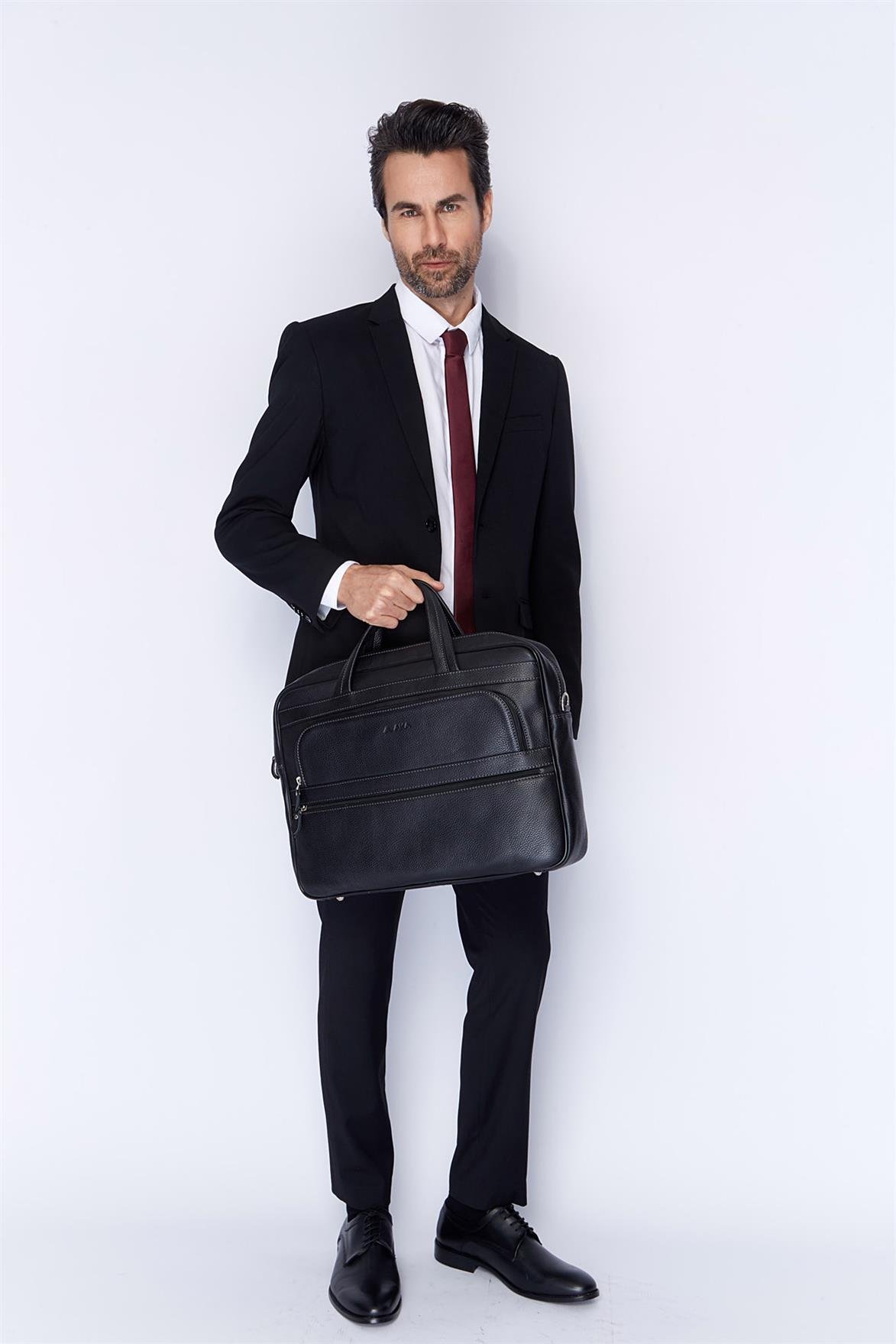 Lazer Desenli Siyah Deri Evrak Çantası Taba 247 10