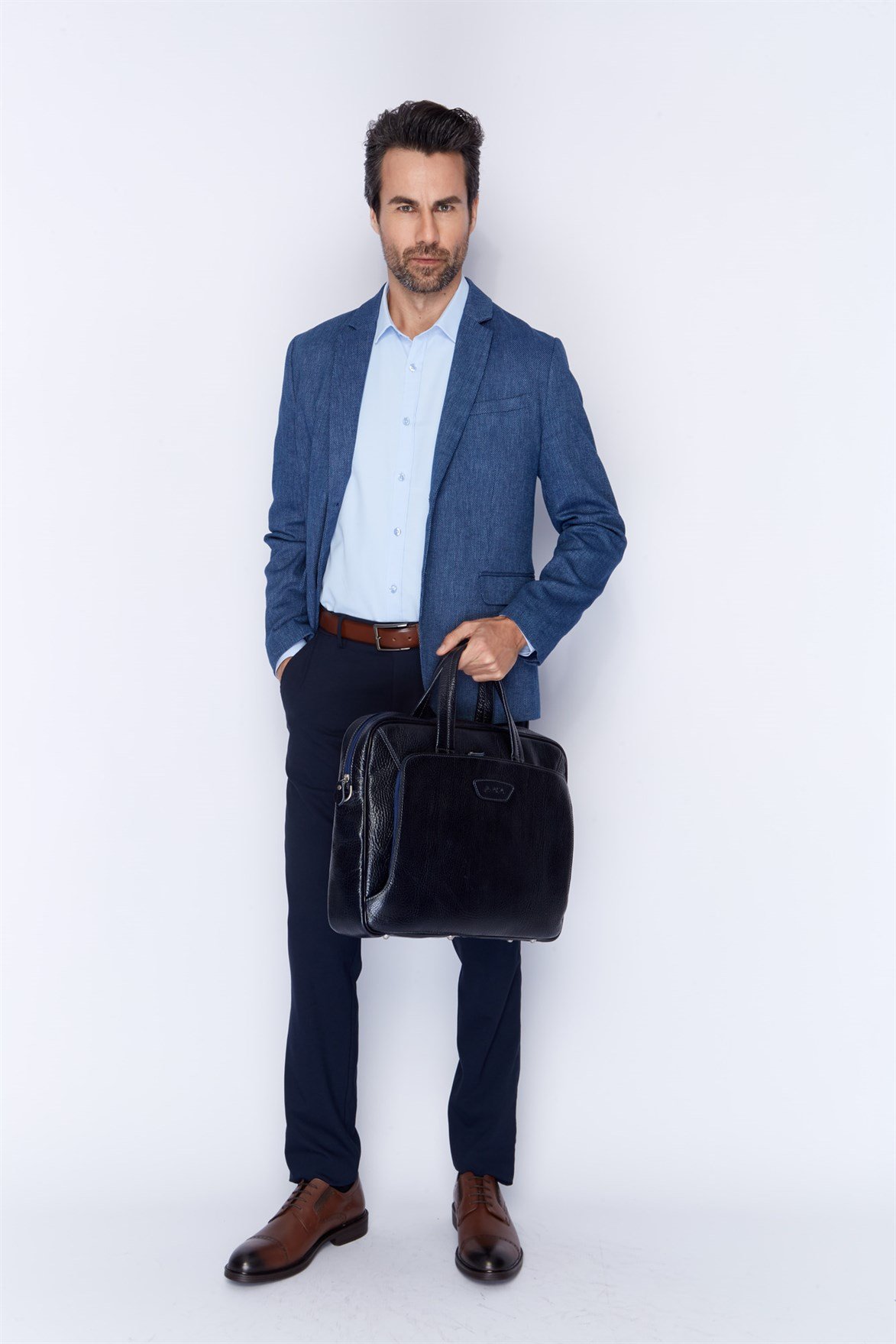 Parlak Lacivert - Deri Evrak Çantası 246