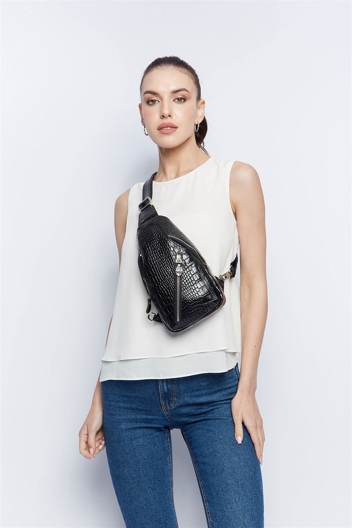 Siyah Timsah Desenli - Omuzdan Askılı Deri Çanta 313