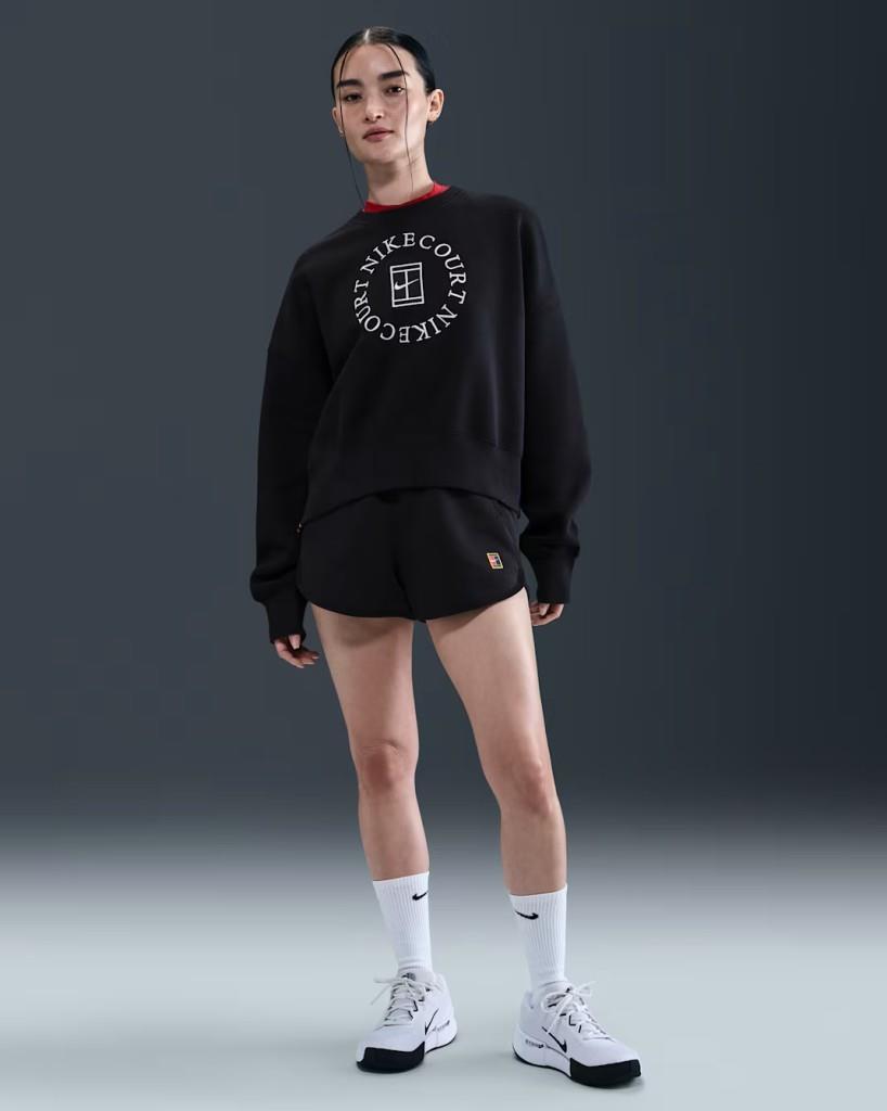 NikeCourt HJ8988-010 Heritage Phoenix Fleece Ekstra Bol Kesim Sıfır Yaka Kadın Sweatshirt - Siyah