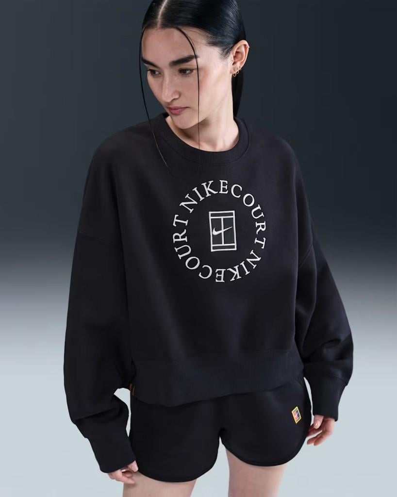 NikeCourt HJ8988-010 Heritage Phoenix Fleece Ekstra Bol Kesim Sıfır Yaka Kadın Sweatshirt - Siyah