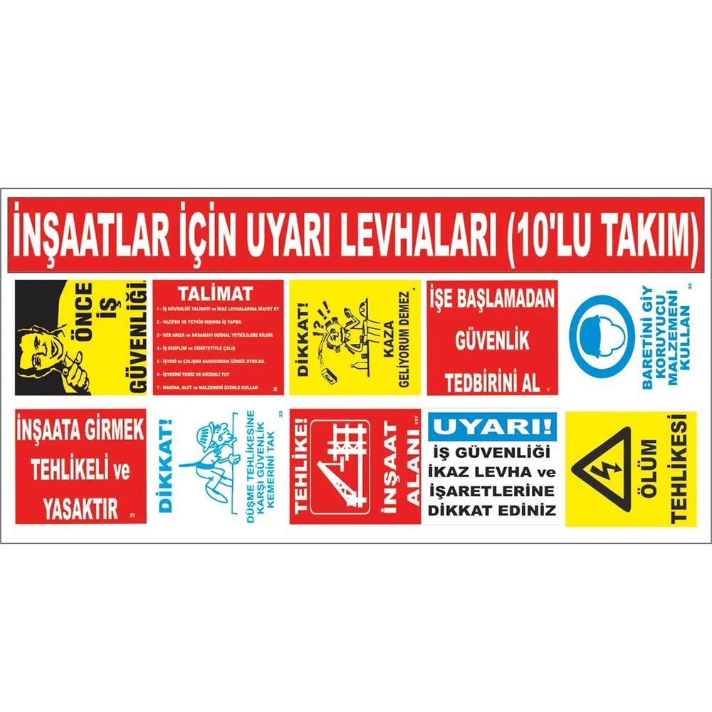 İNSAATLAR İÇİN 10'LU UYARI LEVHALARI (SAC)