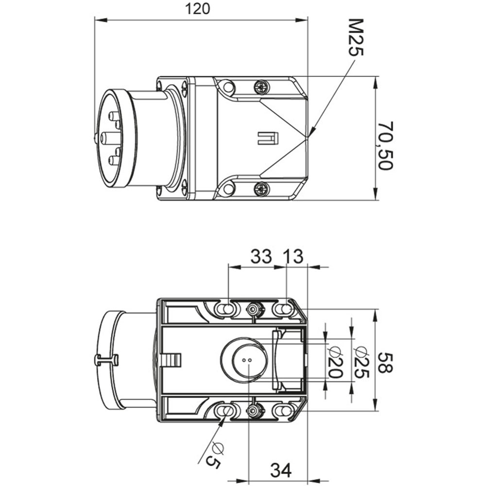 Mete 3X16A. IP44 Duvar Fişi Eğik Gövdeli 2P+PE