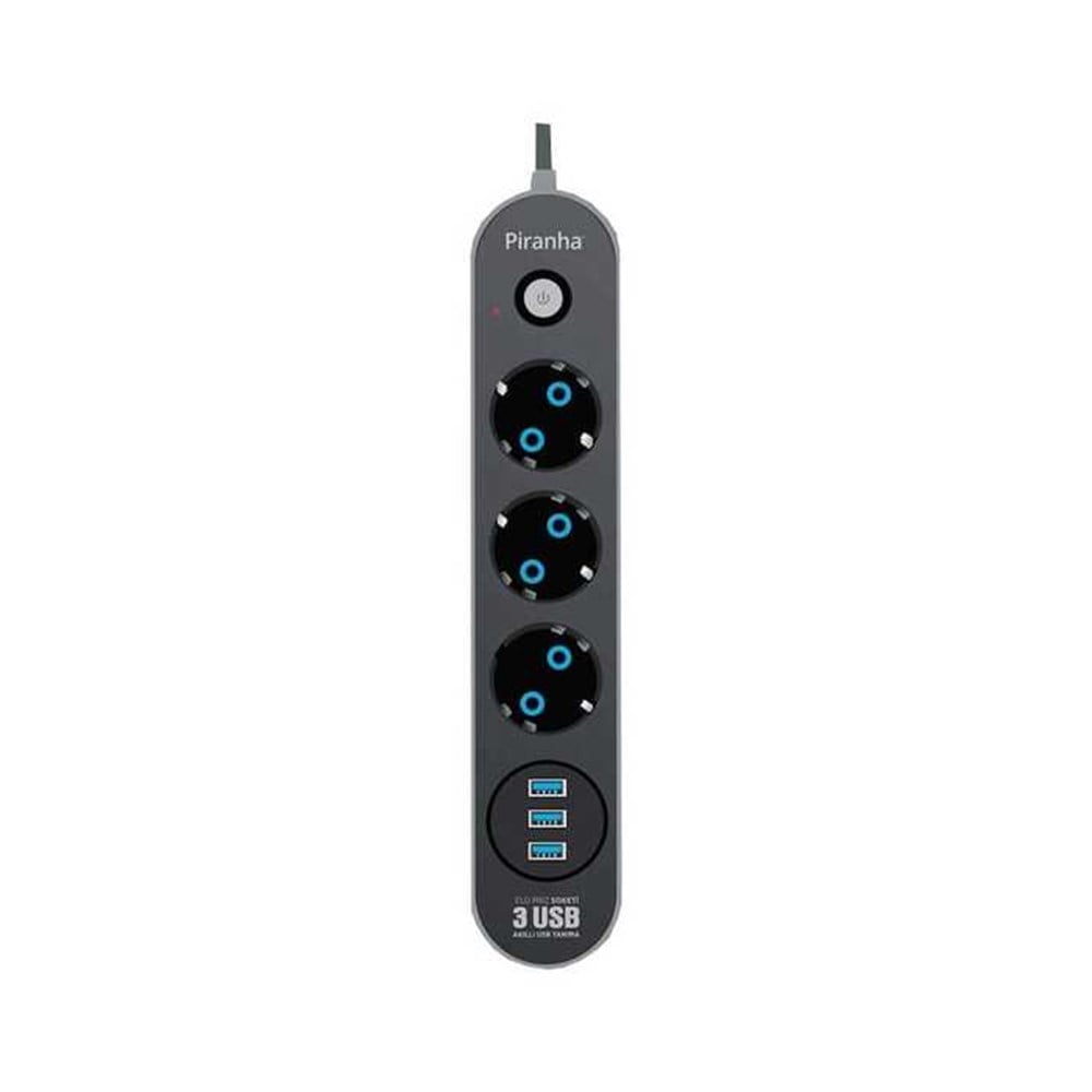 PIRANHA 3395 3LÜ PRİZ 3 USB GİRİŞLİ 2MT. AKIM KORUMALI