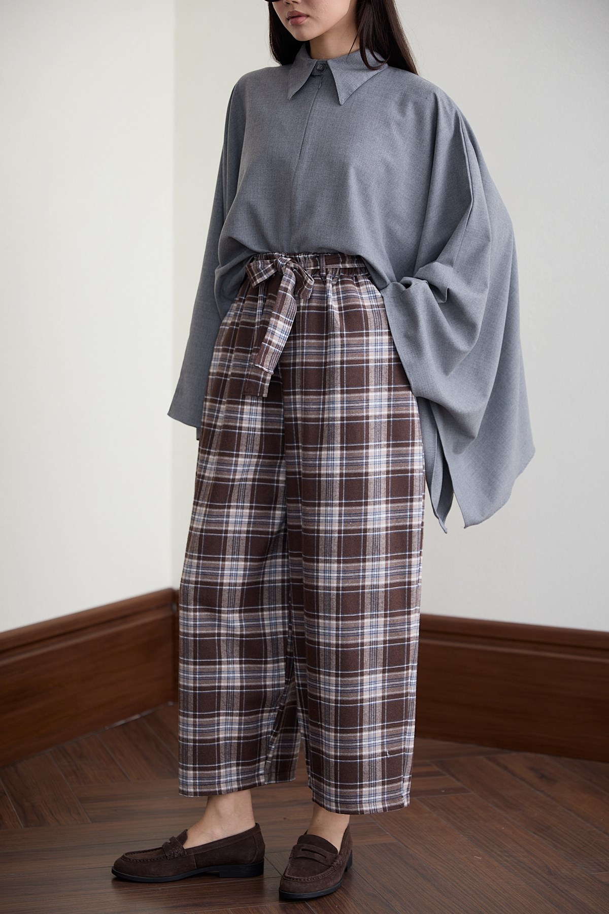 Beli Kemerli Ekose Pantolon - KAHVE