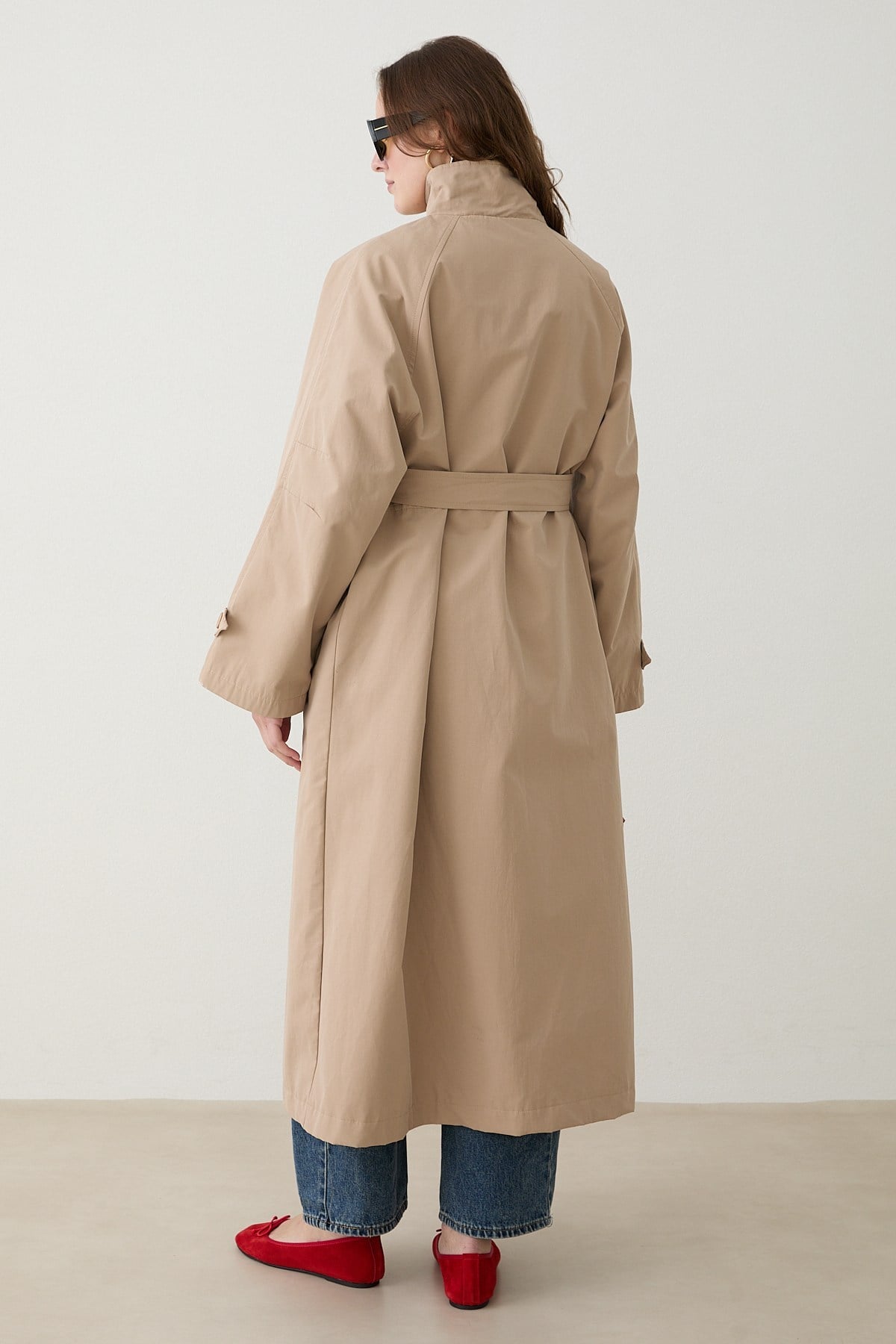 Kuşaklı Oversize Trençkot - Bej
