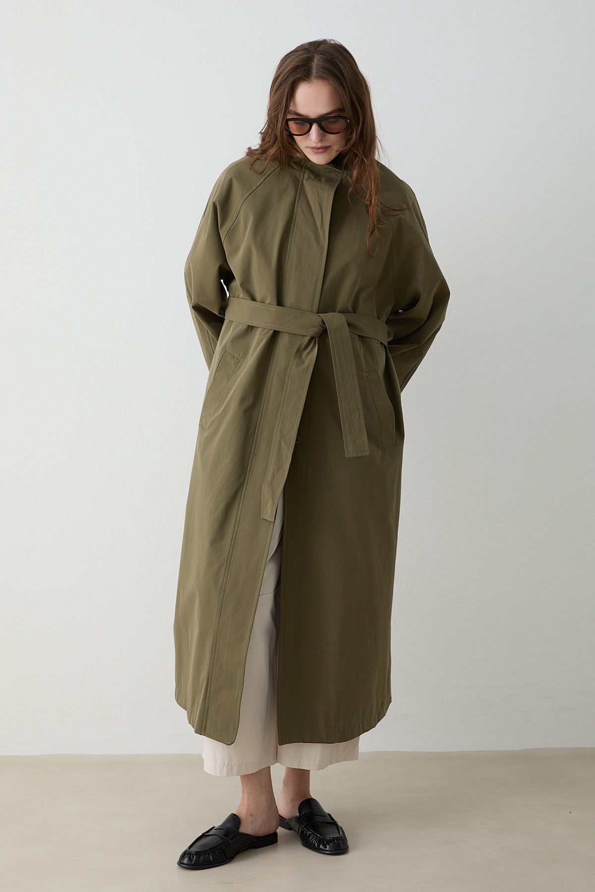 Kuşaklı Oversize Trençkot - Haki