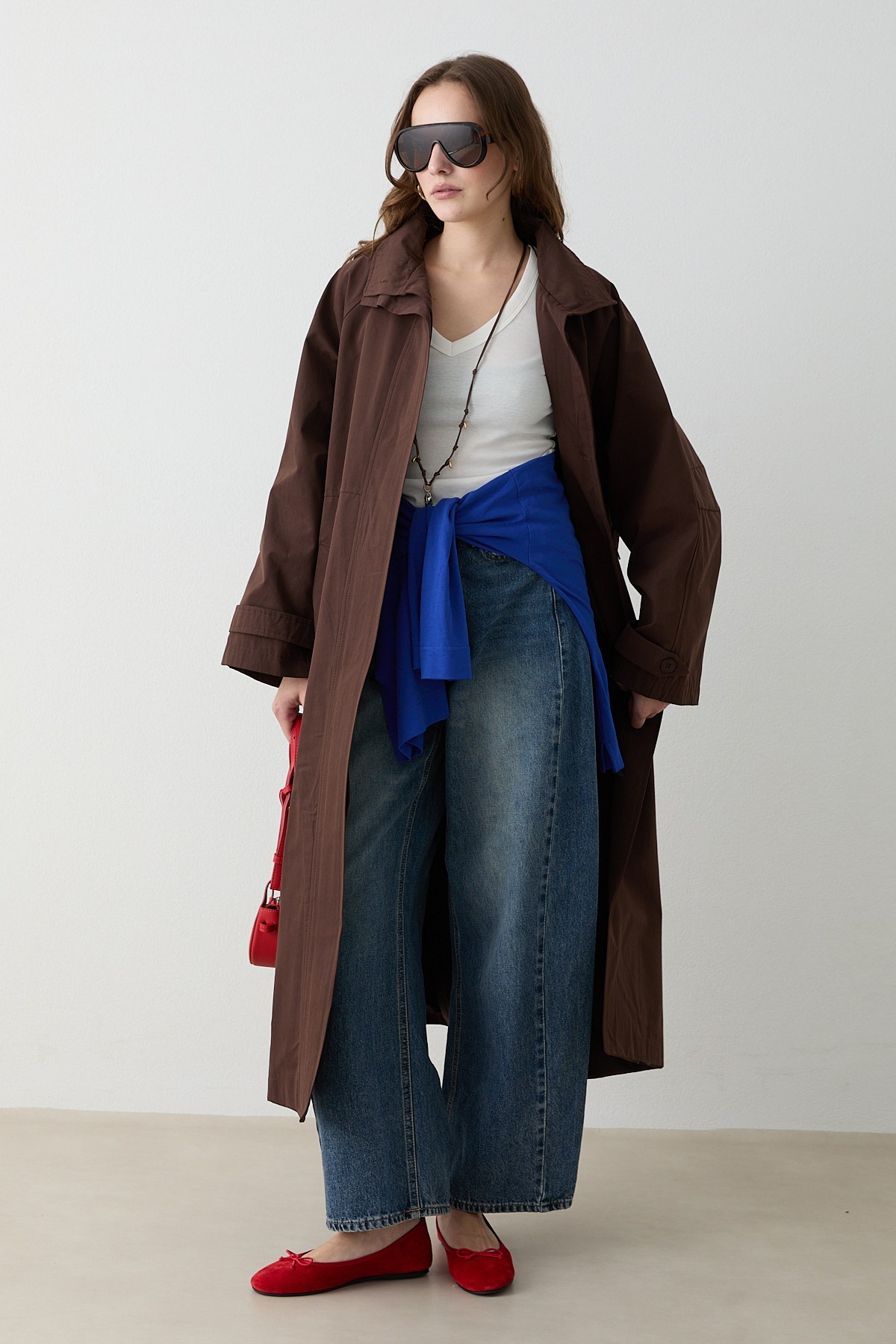 Kuşaklı Oversize Trençkot - Kahve