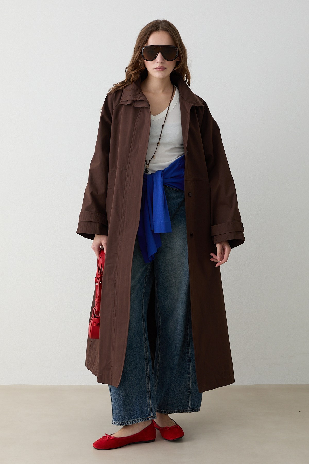 Kuşaklı Oversize Trençkot - Kahve