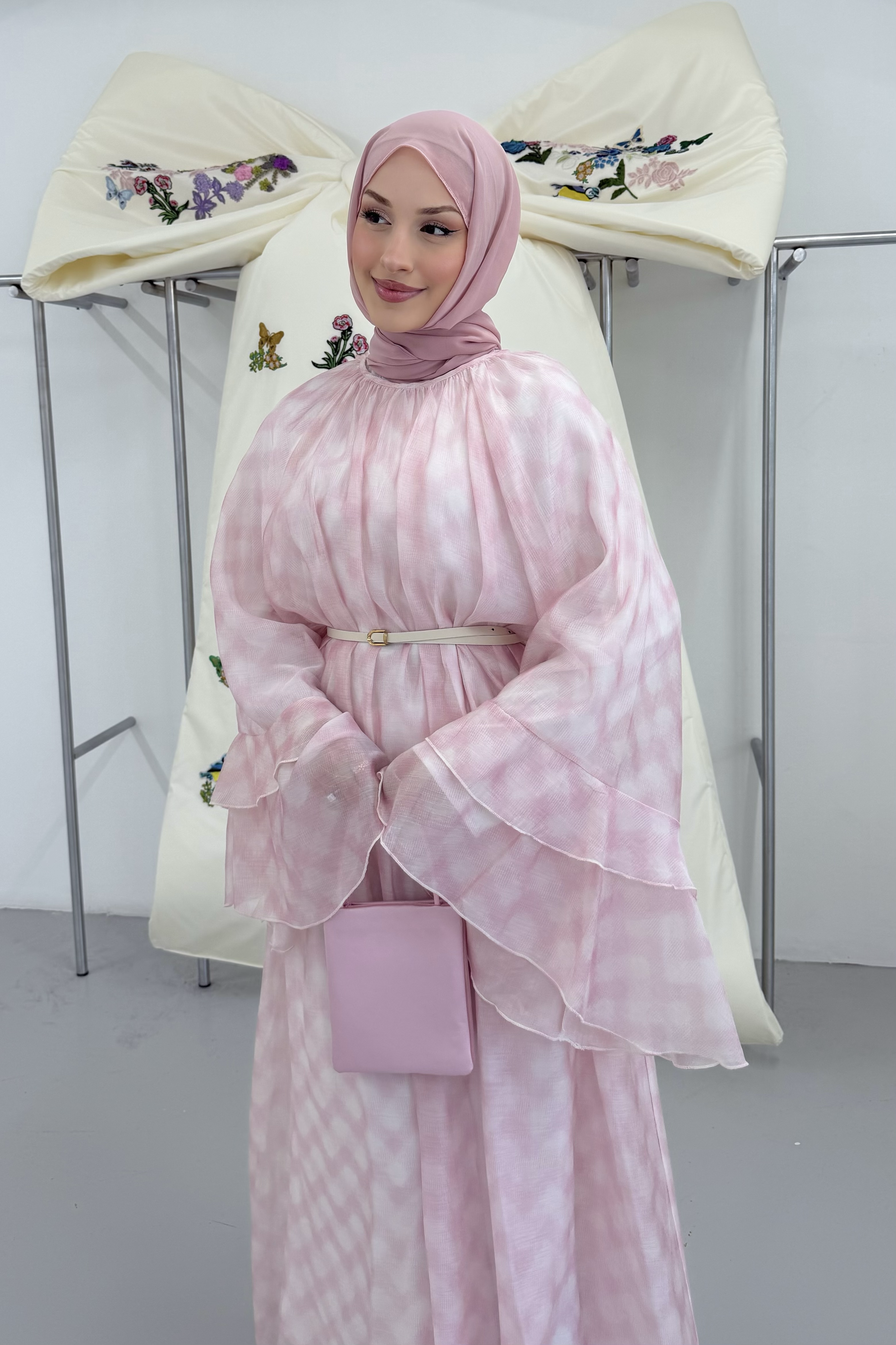 Sakura Kolları Fırfırlı Elbise Pembe