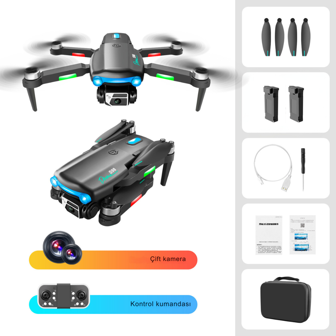S98 MİNİ DRONE WIFI 4K HD  ÇİFT KAMERALI IŞIKLI 360 DERECE  ENGELDEN KAÇINMA  ORJİNAL TAŞIMA ÇANTALI 