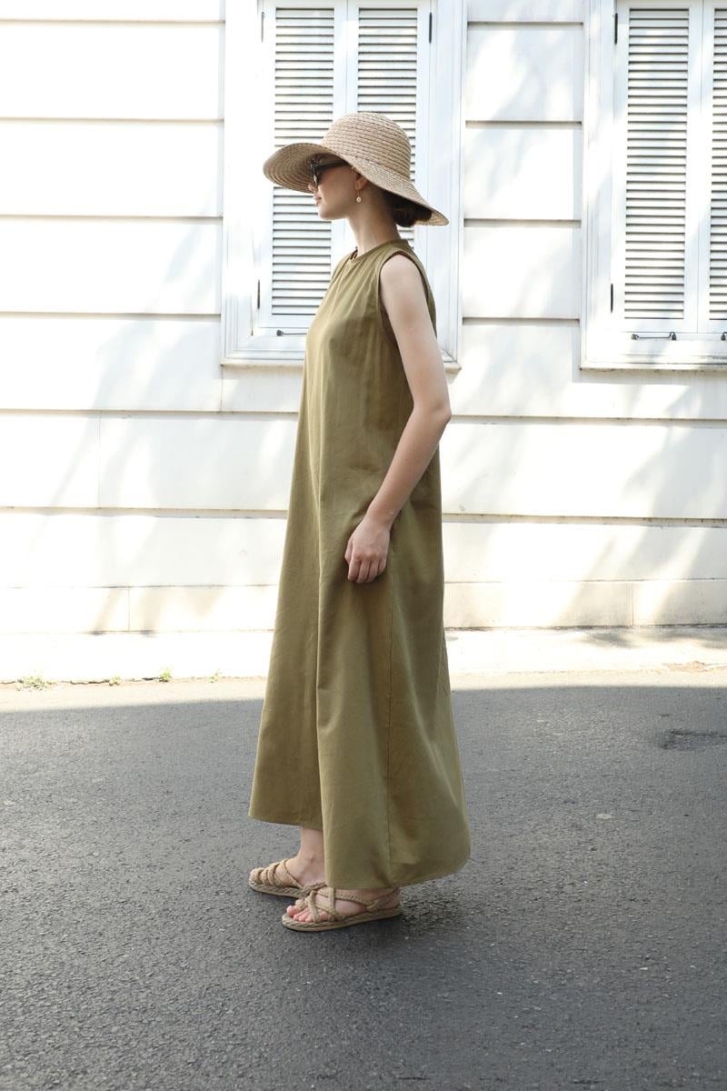 Sıfır Kol Keten Elbise Haki