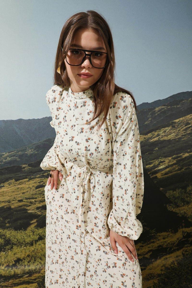 Floral Patterned Muslin Dress Orange