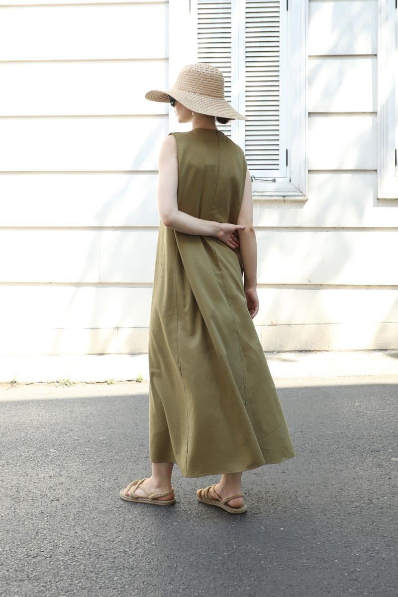 Sıfır Kol Keten Elbise Haki