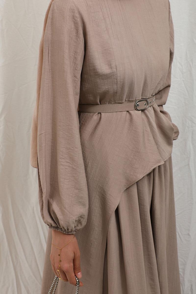 Oval Tunikli Etek Takım Vizon