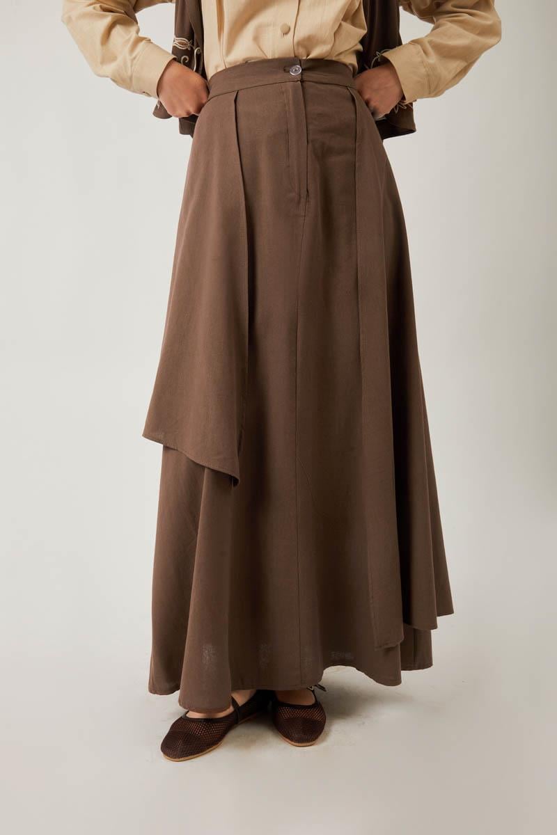  Asimetrik Etekli Yelek Takım Kahverengi