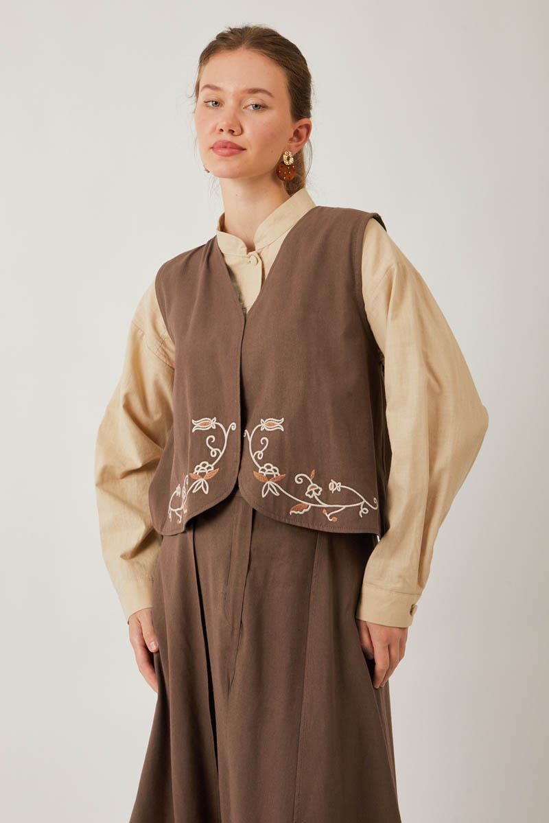  Asimetrik Etekli Yelek Takım Kahverengi