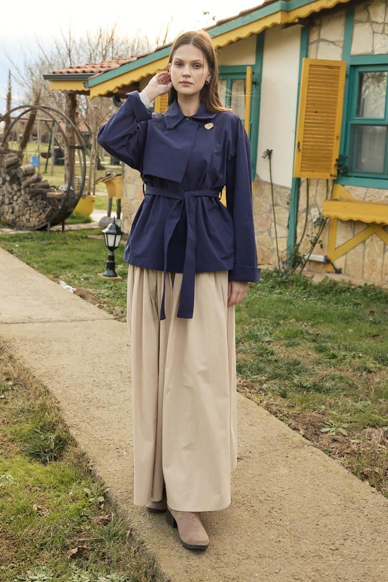  Düşük Kol Kruvaze Trençkot Lacivert