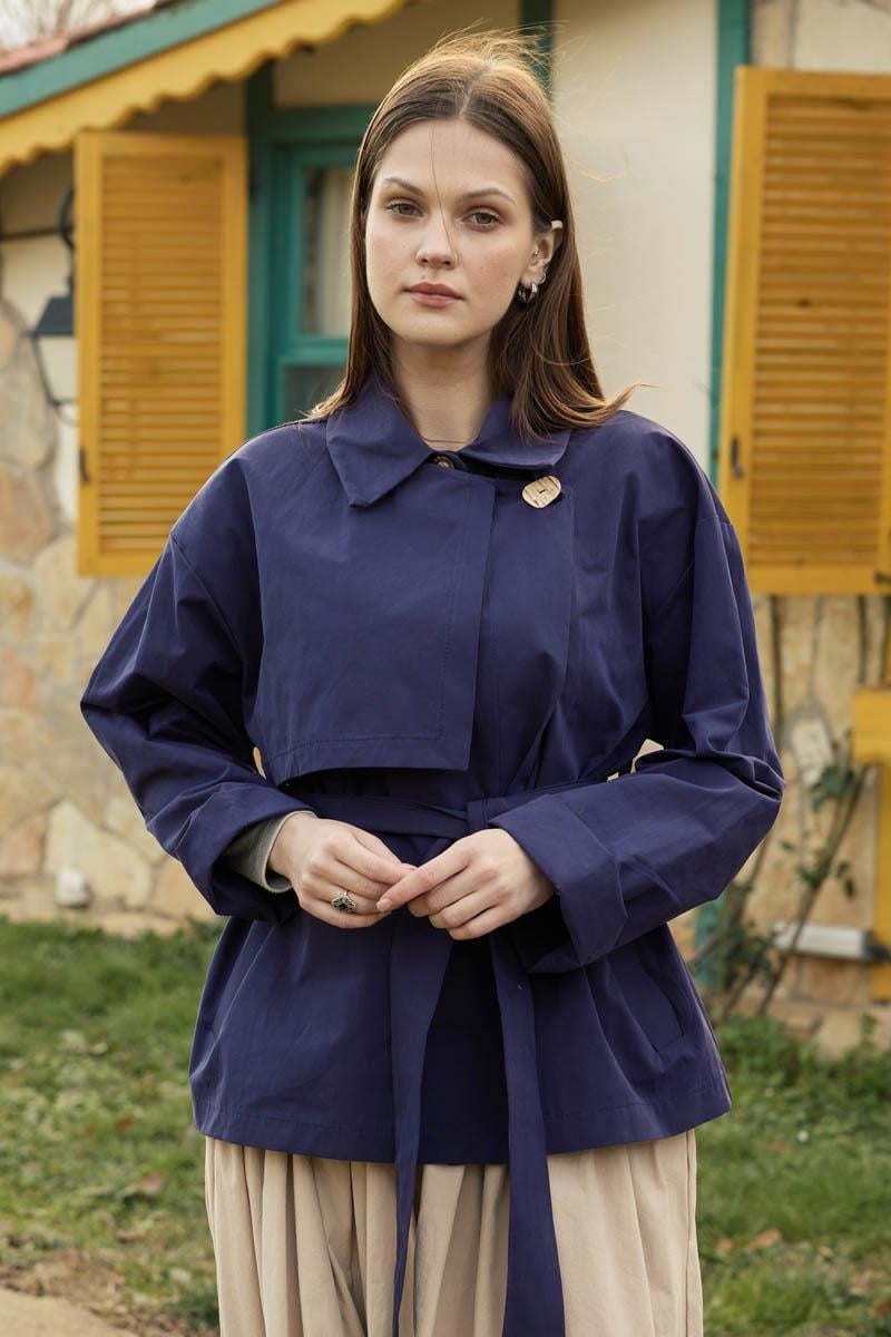  Düşük Kol Kruvaze Trençkot Lacivert