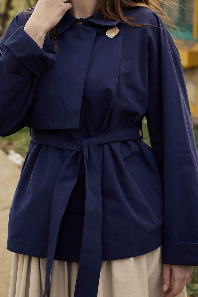  Düşük Kol Kruvaze Trençkot Lacivert