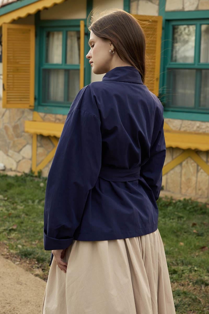  Düşük Kol Kruvaze Trençkot Lacivert