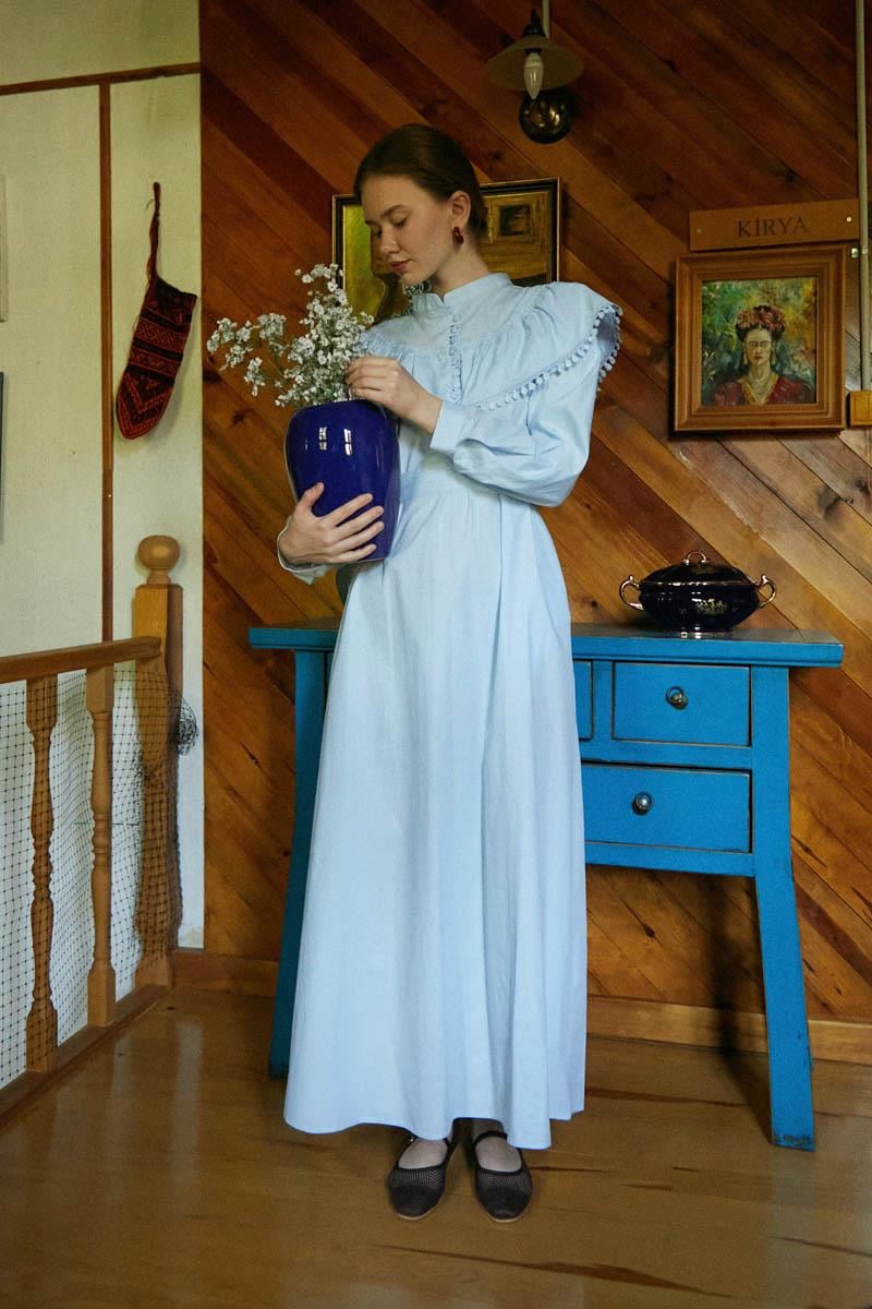  Robası Volan Detaylı Elbise Bebe Mavisi