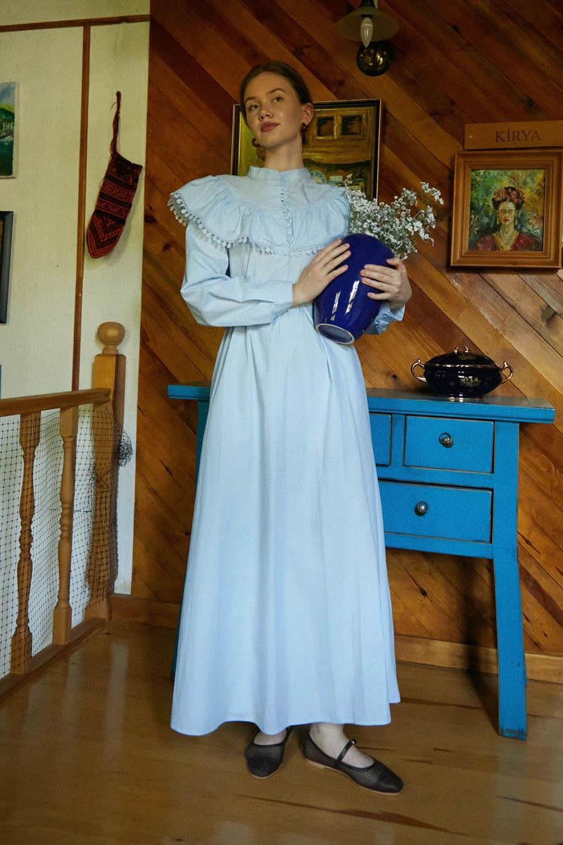  Robası Volan Detaylı Elbise Bebe Mavisi