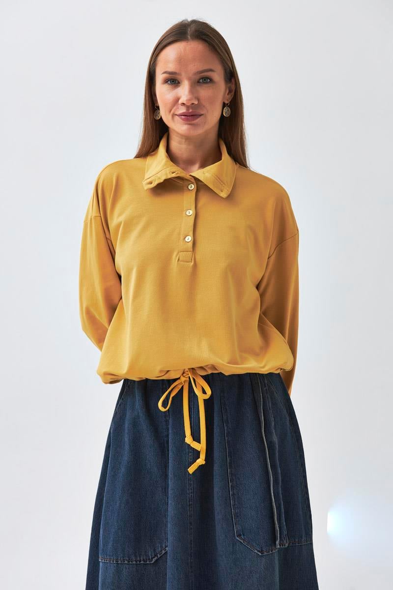  Yarım Düğmeli Sweatshirt Hardal