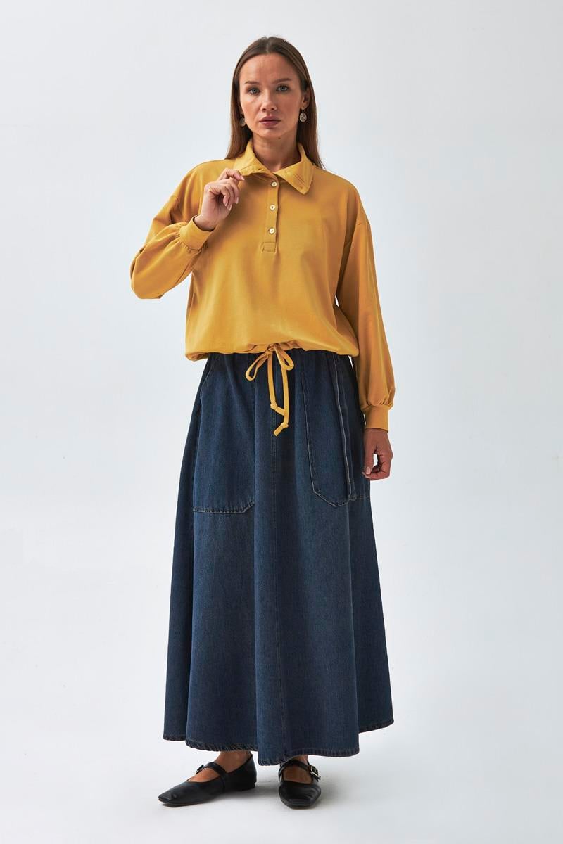  Yarım Düğmeli Sweatshirt Hardal