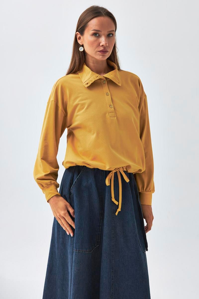  Yarım Düğmeli Sweatshirt Hardal