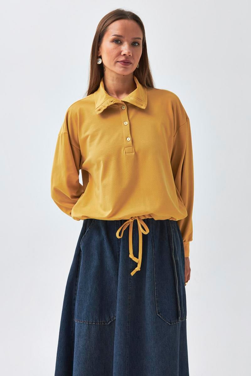  Yarım Düğmeli Sweatshirt Hardal