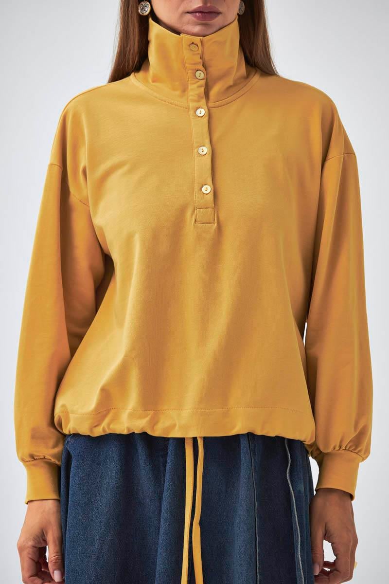  Yarım Düğmeli Sweatshirt Hardal