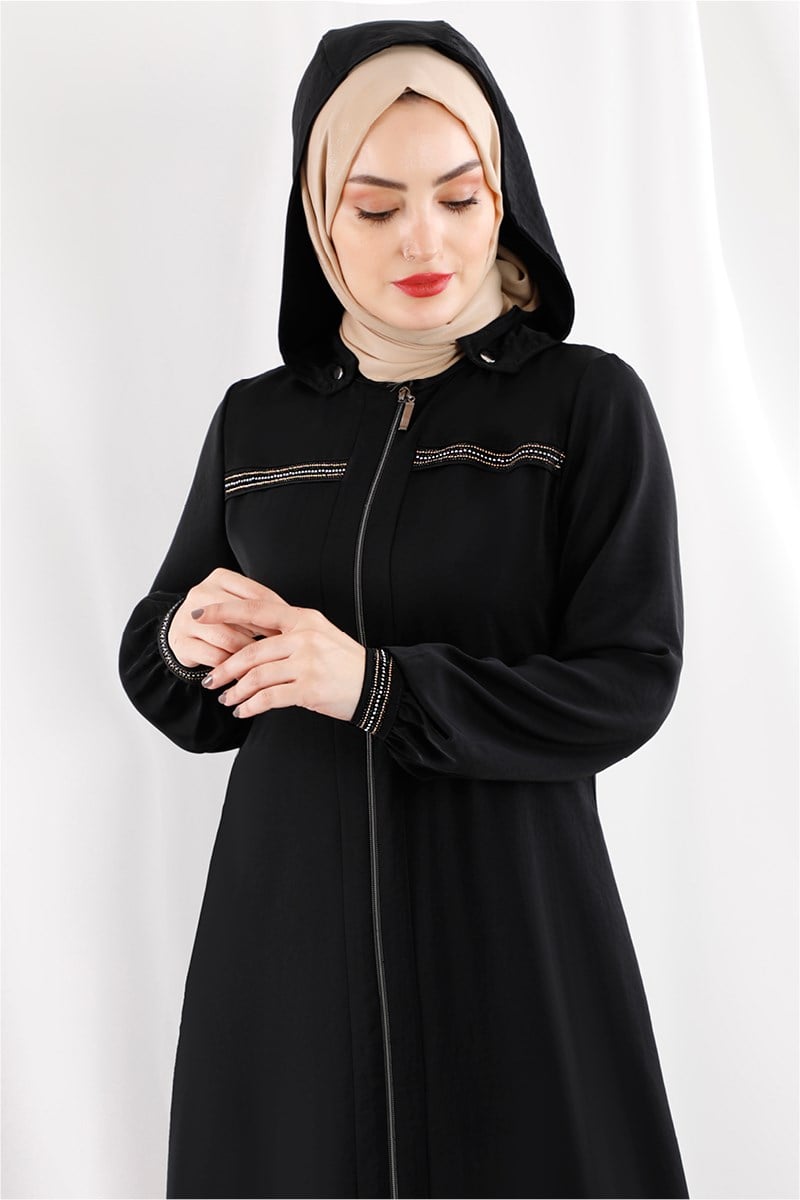 1339 Kapüşonlu Robası Şeritli Siyah Ferace