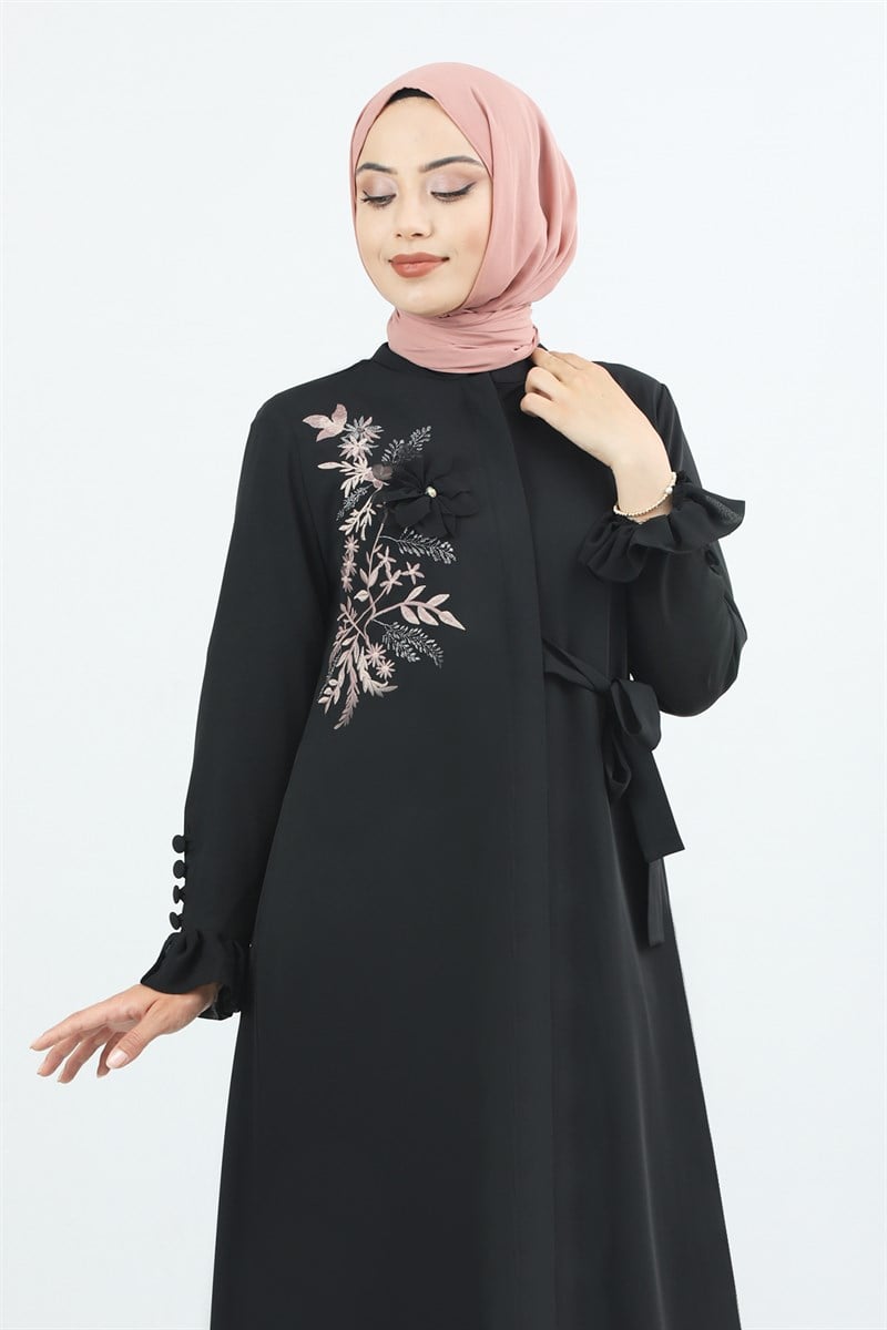 1875 Kolu Düğme Detaylı Büzgülü Ferace Siyah