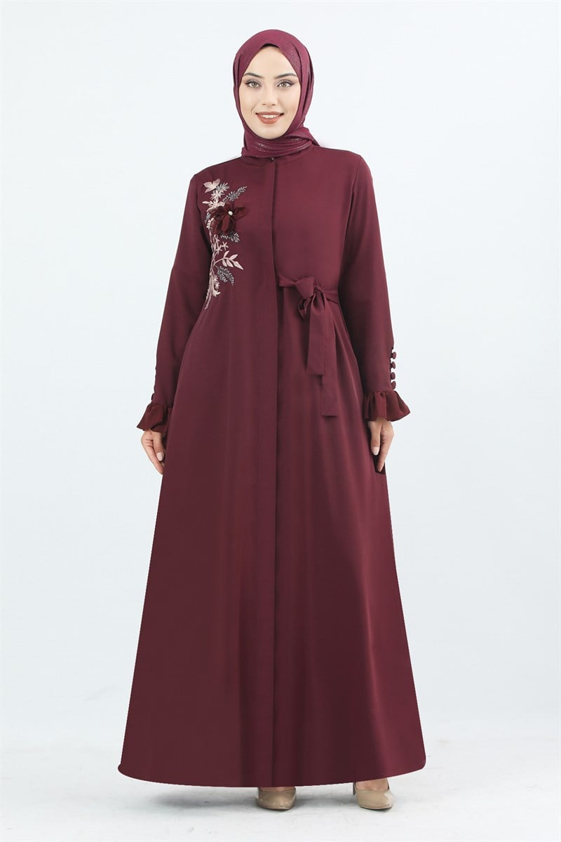 1875 Kolu Düğme Detaylı Büzgülü Ferace Bordo
