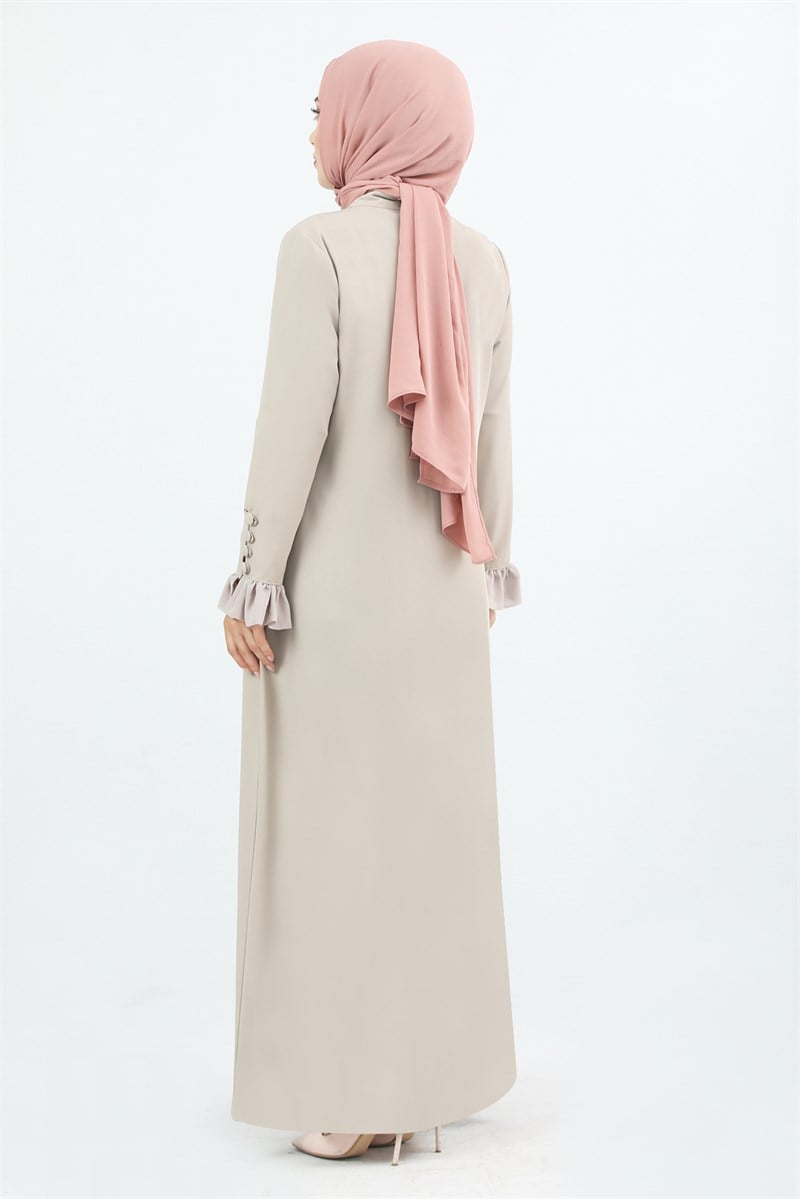 1875 Kolu Düğme Detaylı Büzgülü Ferace Bej
