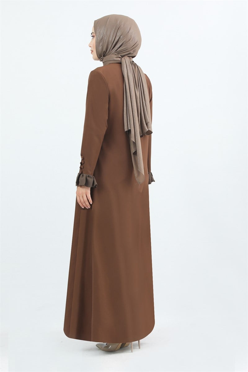 1875 Kolu Düğme Detaylı Büzgülü Ferace Camel